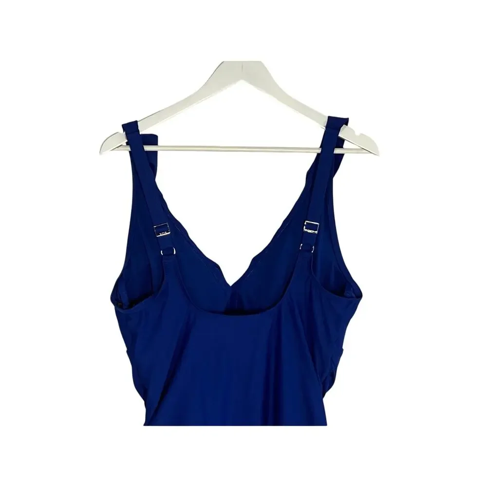 DKNY WOMENS SIZE XLARGE RUFFLE PLUNGE UNDERWIRE ONE PIECE SWIMSUIT BLUE NEW